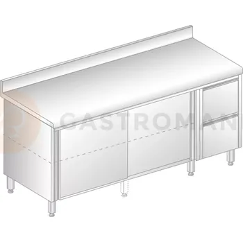 Nerezový dřez Stůl přístěnný z nerezové oceli se skříňkou, posuvnými dveřmi, 2 šuplíky, zadní lištou a okapovou lištou 2200x600x850 mm | DORA METAL, DM-S-3126