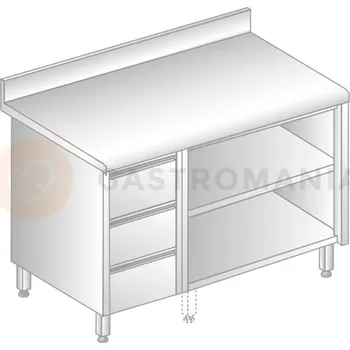Nerezový dřez Stůl přístěnný z nerezové oceli s otevřenou skříňkou, 3 šuplíky, zadní lištou a okapovou lištou 1200x600x850 mm | DORA METAL, DM-S-3129
