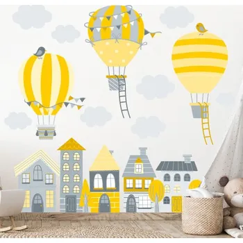 Samolepící dekorace Nálepky na zeď balóny a domky žlutá| Plotbase s.r.o. 120x120cm