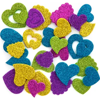 Nalepovací výřezy z mechové gumy 36ks - glitrovaná srdíčka