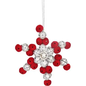 Vánoční dekorace MEADOWLAND LTD Dekorace závěsná - červeno / stříbrná vločka z rolniček 11 cm, 1ks 444485