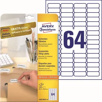 Samolepící etiketa Etikety na závěsné složky 45,7 x 16,9 mm, 25 listů A4 L6021REV-25