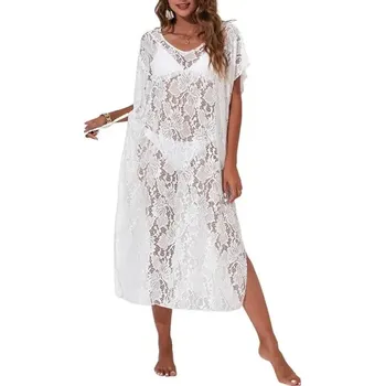 Dámská tunika Lehká plážová tunika s krajkovým designem - BÍLÝ