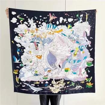 Šátek Hedvábný šátek Kouzelný svět černý 90x90 cm v dárkovém balení, HEDVÁBNÝ SVĚT