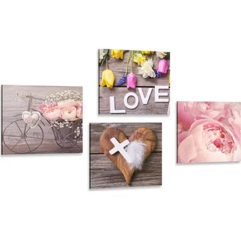Obraz Dovido Set obrazů zátiší květin s křížkem a nápisem Love