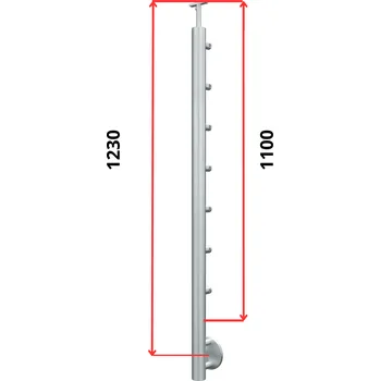 Zábradlí Hahn Steel Konfigurátor - nerezový sloupek O42,4mm - 7 x výplň O12mm - vnitřní, AISI 304 - brus, boční kotvení Typ držáku madla: Model 0718.242 - kulaté madlo ⌀42,4mm, Výška sloupku - nad podlahou: 1100mm, Parametry sloupku pod úrovní podlahy: 70*130mm