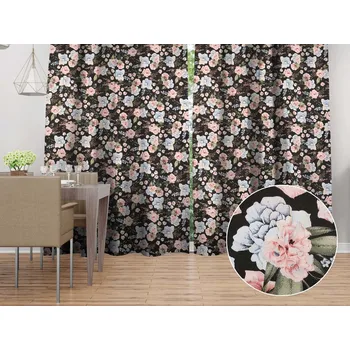 ubrus Bavlněný závěs Sandra SA-449 Modro-růžové květiny na černém 150x170 cm