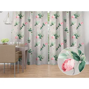 ubrus Bavlněný závěs Sandra SA-452 Růžové květy na šedém 150x140 cm