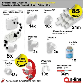 Vysavač Instalační komplet centrálního vysávání - zásuvka: (5 ks), řezák potrubí(1 ks), potrubí (24 m), potrubní díly (85 dílů). (Cenově zvýhodněný instalační balíček potrubních rozvodů centrálního vysávání obsahuje: Vysavačová zásuvka (6 ks), řezák potrubí(1 ks)