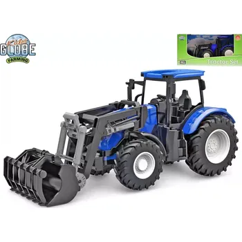 autíčko Kids Globe Farming traktor modrý s předním nakladačem volný chod 27cm v krabičce