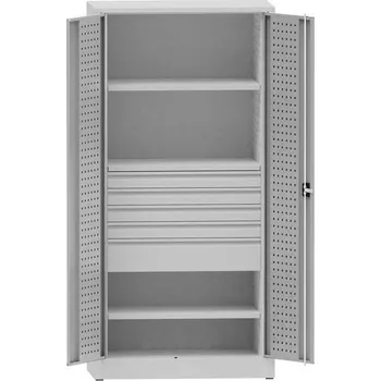 Dílenská skříň na nářadí, v x š x h: 1950x950x500 mm, perforované panely, 2 x police, 5 x zásuvka, barva šedá RAL7035 /šedá RAL7035