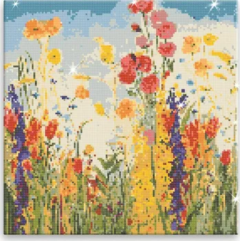 Diamantové malování Diamantové malování - Polní kvítí s modrou oblohou - 40x40 cm, bez dřevěného rámu - CZ výroba
