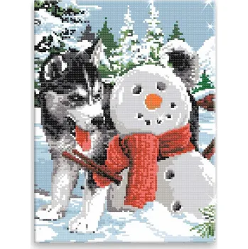 Diamantové malování Diamantové malování - Husky a sněhulák - 60x80 cm, bez dřevěného rámu - CZ výroba
