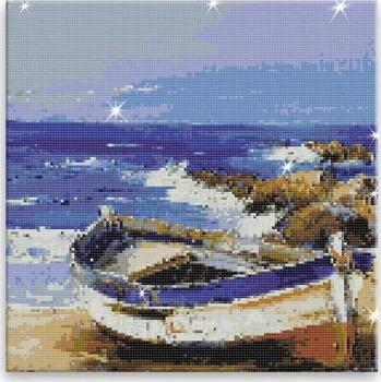 Diamantové malování Diamantové malování - Loďka na pláži - 40x40 cm, bez dřevěného rámu - CZ výroba