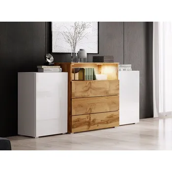 Kombinovaná komoda Layla III, Barva: bílý + wotan / bílý lesk + wotan, Osvětlení: bez osvětlení MIRJAN 5903211072840