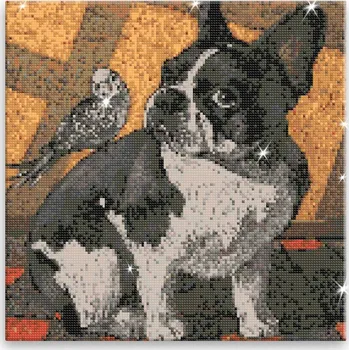 Diamantové malování Diamantové malování - Buldoček s ptáčkem - 40x40 cm, plátno vypnuté na rám - CZ výroba