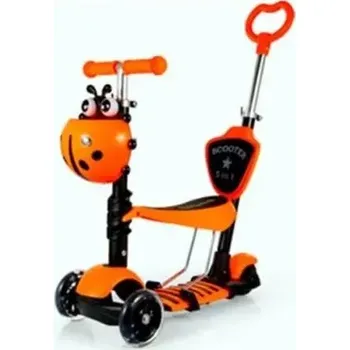 Koloběžka 5v1 dětská naklápěcí koloběžka tříkolová, LED svítící kolečka, sedátko, košíček - oranžová, výška až 70cm