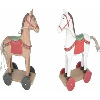 Bytová dekorace Dekorace koník na kolečkách, bílá|přírodní, 17x25x7,5cm, balení obsahuje 2 kusy!|Ego Dekor