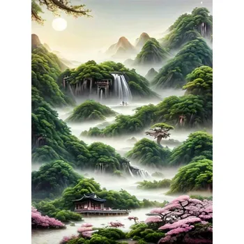 Diamantové malování Diamond painting/HOMFUN - Vodopády a řeka v horách