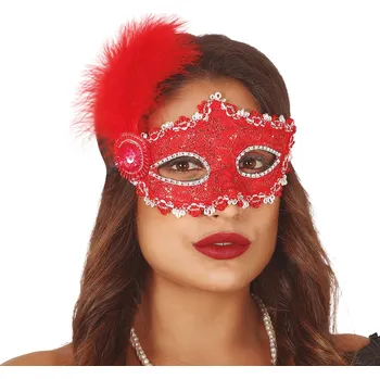 Karnevalová maska Guirca Červená škraboška s červeným pírkem