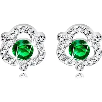 Náušnice Rhodiované náušnice ze stříbra 925 - zelený kulatý zirkon, čiré zirkony, puzetky