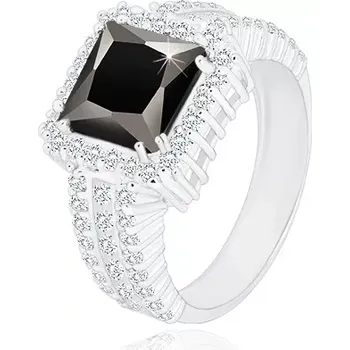 Prsten Stříbrný prsten 925 - černý zirkonový čtverec, čirý zirkonový lem a ramena - Velikost: 60