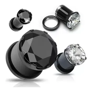 Piercing Plug z titanu - broušený zirkon uchycený plochými úchyty - Tloušťka : 16 mm, Barva zirkonu: Černá - K