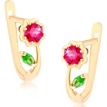 Náušnice Zlaté 14K náušnice květ s růžovým a zeleným zirkonem
