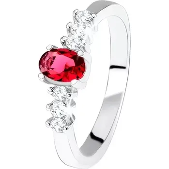 Prsten Stříbrný zásnubní prsten 925, oválný červený kamínek, čiré zirkony - Velikost: 52