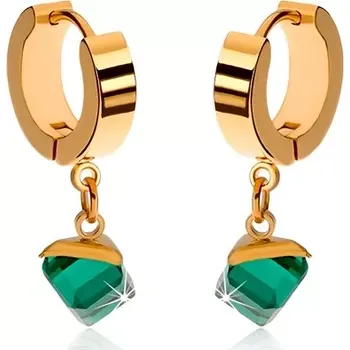 Náušnice Lesklé náušnice z oceli zlaté barvy, visací smaragdově zelená kostka