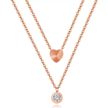 Náhrdelník Dvojitý ocelový náhrdelník - srdíčko a čirý zirkon v objímce, měděná barva