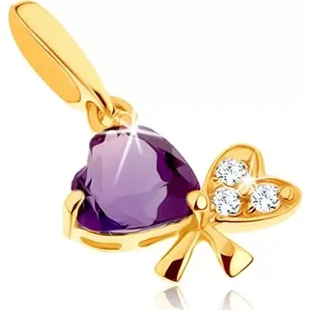 Přívěsek Přívěsek ve žlutém 14K zlatě - mašlička ze dvou srdcí, fialový ametyst, čiré zirkony