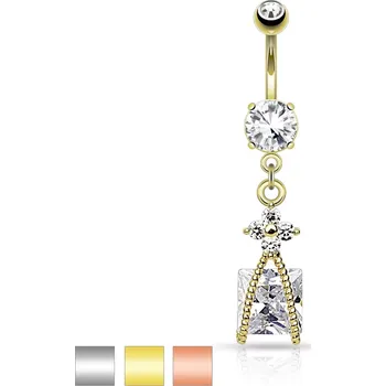 Piercing Ocelový piercing do bříška, třpytivý kvítek čiré barvy, zirkonový čtverec - Barva piercing: Měděná - čirá