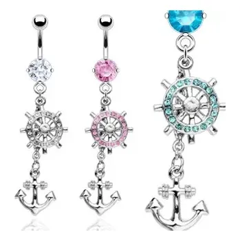 Piercing Ocelový piercing do bříška se zirkony, přívěskem kotvy a kormidla - Barva zirkonu: Růžová - P
