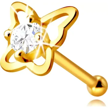 Piercing Zlatý piercing do nosu ze 14K zlata - kontura motýla s kulatým zirkonem čiré barvy, 2,25 mm