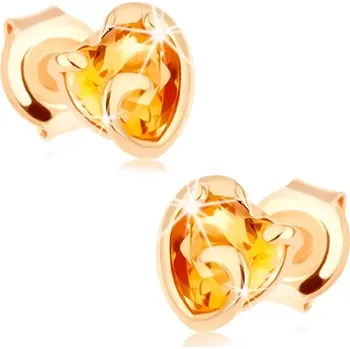 Náušnice Zlaté náušnice 14K s citrínovým srdcem a hladkou obrubou