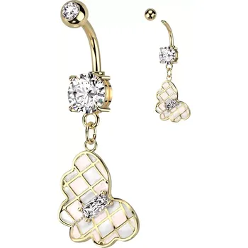 Piercing Piercing do pupíku z oceli ve zlatě - růžový a bílý motýl, čiré zirkony