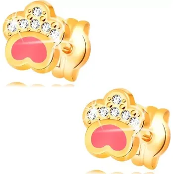 Náušnice Náušnice ze žlutého 14K zlata, psí tlapka s růžovou glazurou a zirkony