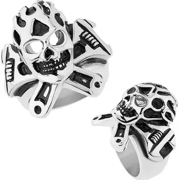 Prsten Ocelový prsten stříbrné barvy, vypouklá patinovaná lebka, francouzský klíč - Velikost: 61