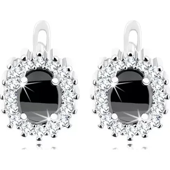 Náušnice Rhodiované náušnice, stříbro 925, černý zirkonový ovál, čirá blýskavá kontura