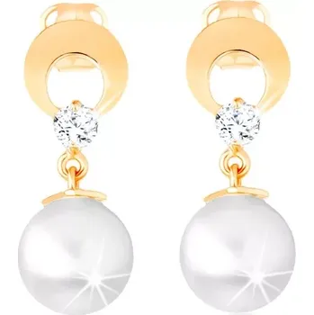 Náušnice Zlaté náušnice 14K s obrysem kruhu, syntetickou perlou a zirkónem