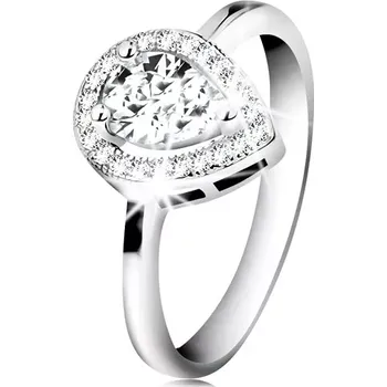 Prsten Rhodiovaný prsten, stříbro 925, čirá zirkonová slza v zářivé kontuře - Velikost: 60