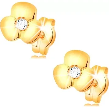 Náušnice Zlaté náušnice 585 - lesklý kvítek s čirým zirkonem uprostřed, puzetky