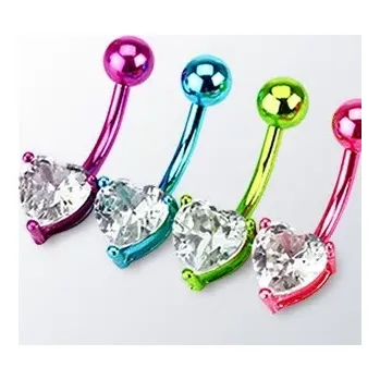 Piercing Ocelový piercing do pupíku - barevný banán se zirkonovým srdcem - Barva piercing: Černá, Barva zirkonu: Čirá - C