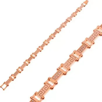 Náramek Ocelový náramek měděné barvy s čirými zirkony a řeckým klíčem