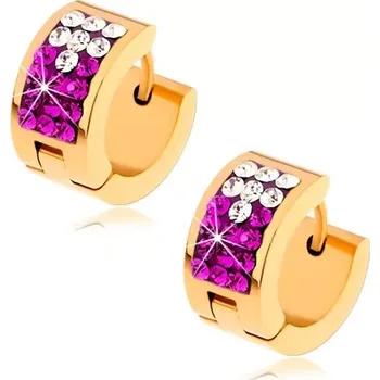 Náušnice Lesklé ocelové náušnice zlaté barvy, čiré a fuchsiové zirkony