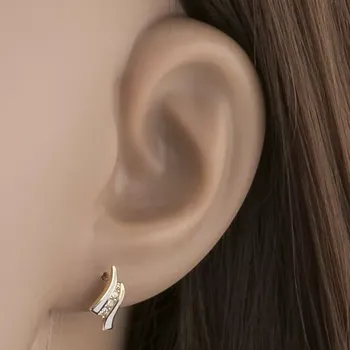 Náušnice Náušnice ve žlutém 14K zlatě - dvě bílé vlnky, linie čirých zirkonů