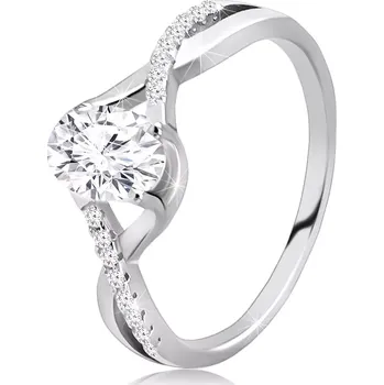 Prsten Zásnubní prsten z 925 stříbra - oválný čirý zirkon, propletená zvlněná ramena - Velikost: 52