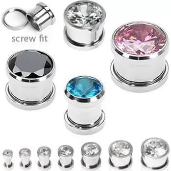 Piercing Tunel z chirurgické oceli ve tvaru činky se šroubováním a vsazeným zirkonem - Tloušťka : 22 mm, Barva zirkonu: Aqua modrá - Q