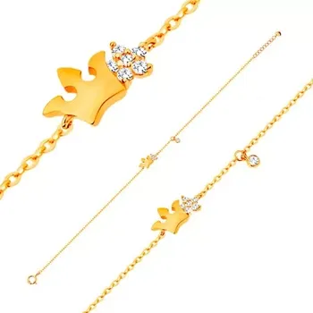 Náramek Náramek ze žlutého 14K zlata - lesklá korunka a čirý zirkonový květ, 180 mm